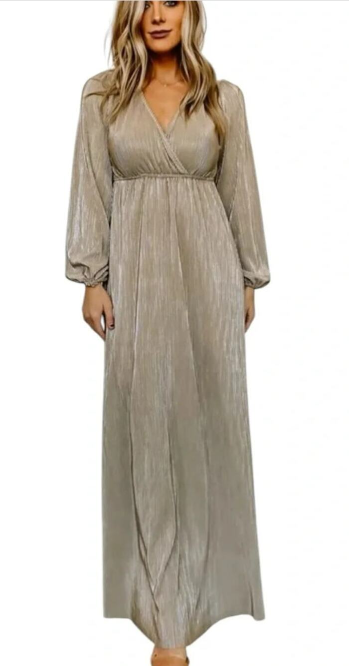 Baltic Born Gold Ribbed Metallic Maxi Dress Size M Puff Sleeve Empire Waist